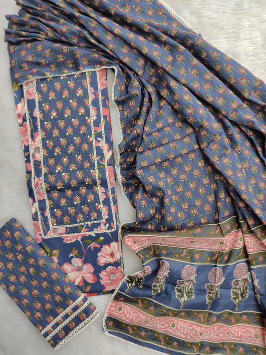 (SALE) Exclusive Cotton Printed Neck Work Suits with mulmul dupatta