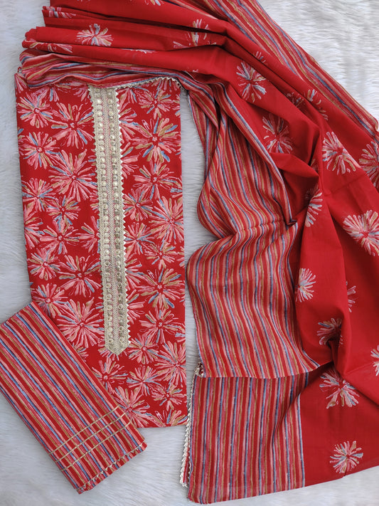 (SALE) Exclusive Cotton Printed Neck Work Suits with mulmul dupatta