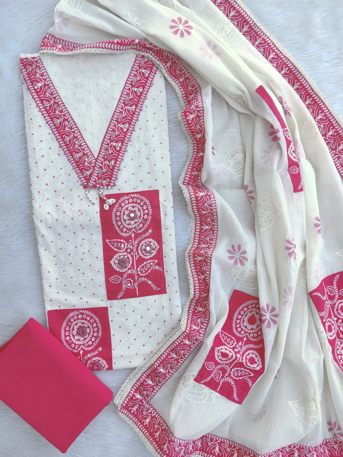 NEW LAUNCH Exclusive Unstitched Cotton Neck Work Suits with Mulmul Dupatta