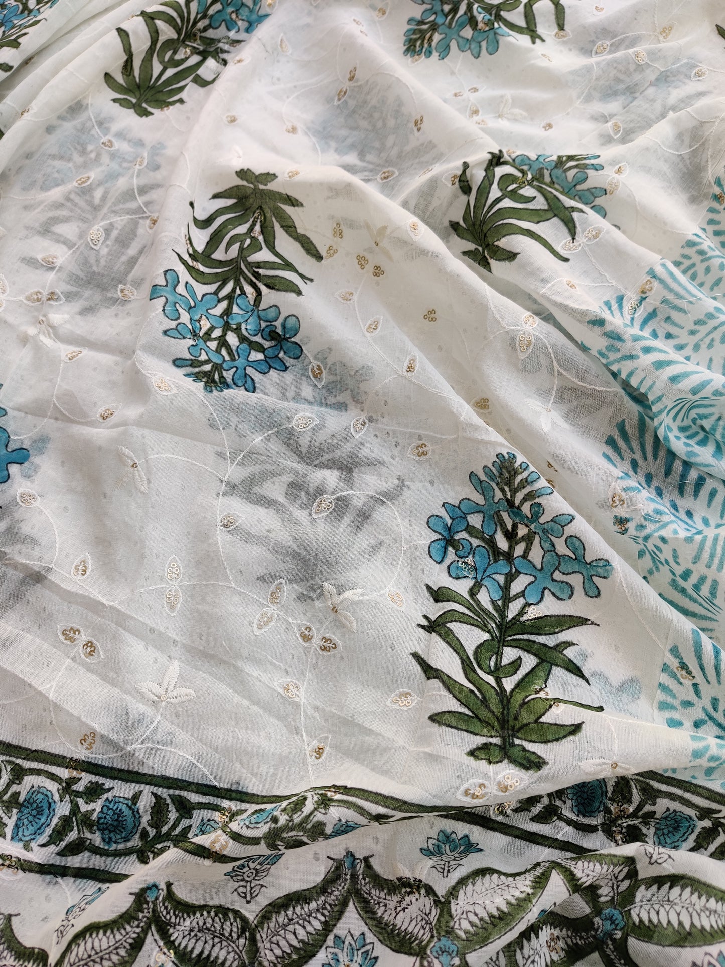 Hand Block Printed Cotton Schiffli Suit with Mulmul Embroidery Dupatta