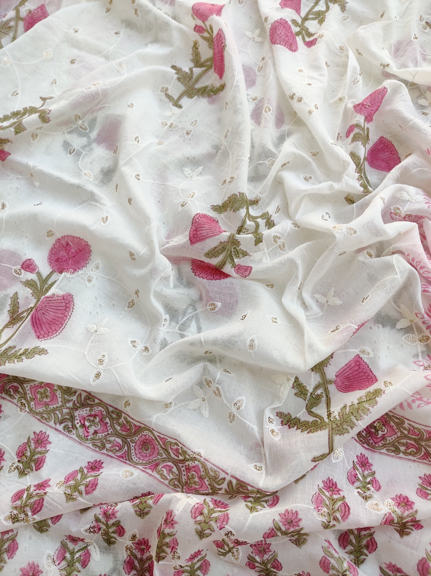 Hand Block Printed Cotton Schiffli Suit with Mulmul Embroidery Dupatta