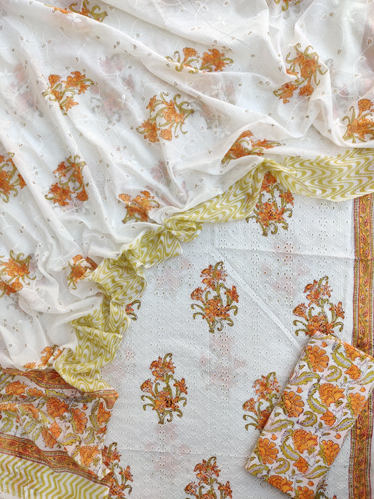 Hand Block Printed Cotton Schiffli Suit with Mulmul Embroidery Dupatta