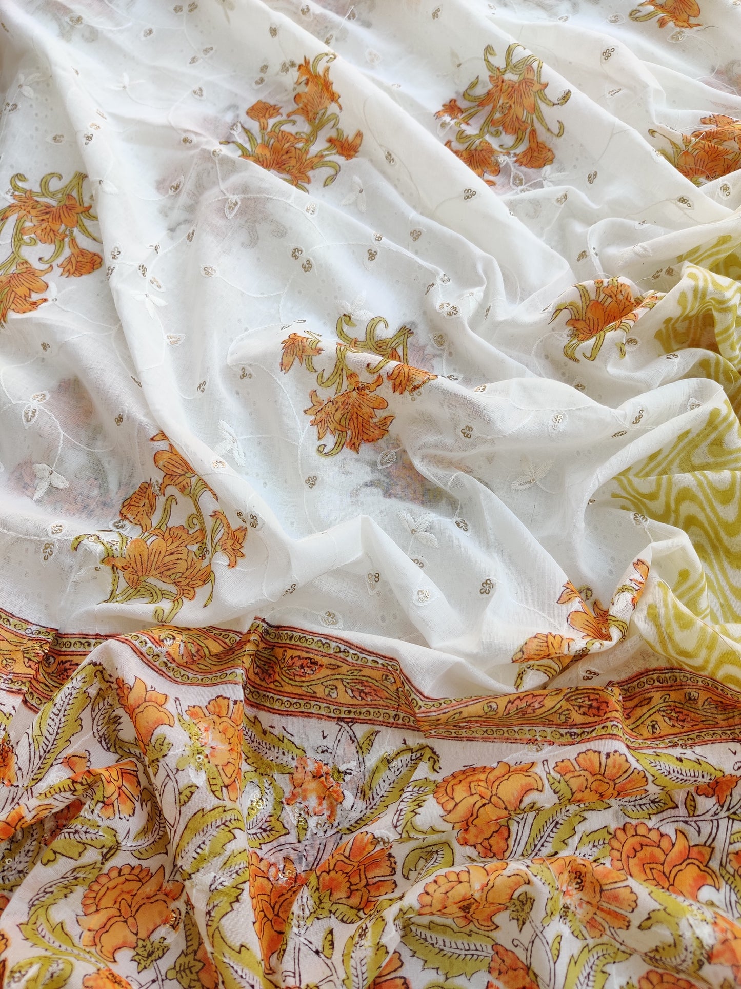 Hand Block Printed Cotton Schiffli Suit with Mulmul Embroidery Dupatta