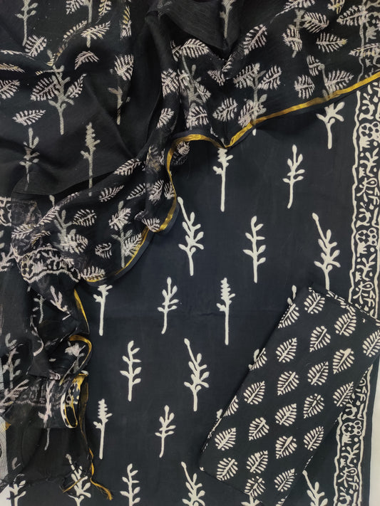 (SALE) Hand Block Printed Cotton Suit with Cotton Kota Doria dupatta