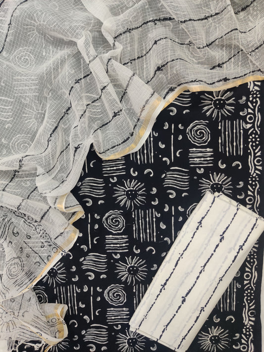 (SALE) Hand Block Printed Cotton Suit with Cotton Kota Doria dupatta