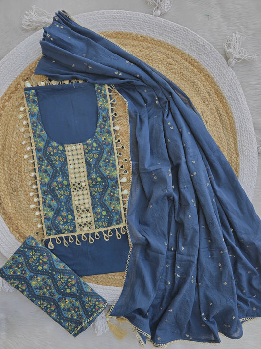 COTTON MIRROR WORK SUIT WITH COTTON MULMUL EMBROIDERY DUPATTA