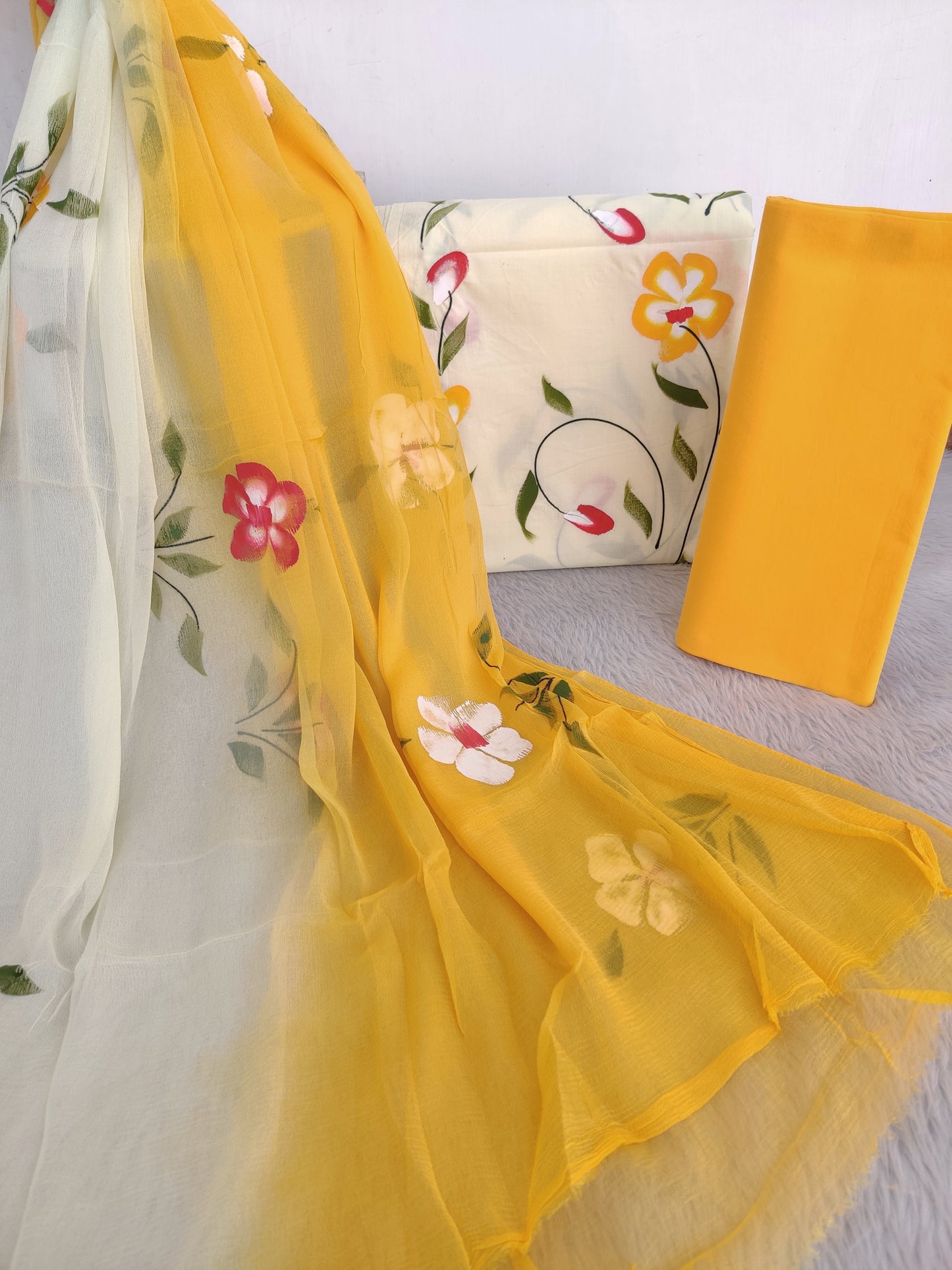 HAND PAINTED COTTON SUIT WITH PURE CHIFFON DUPATTA