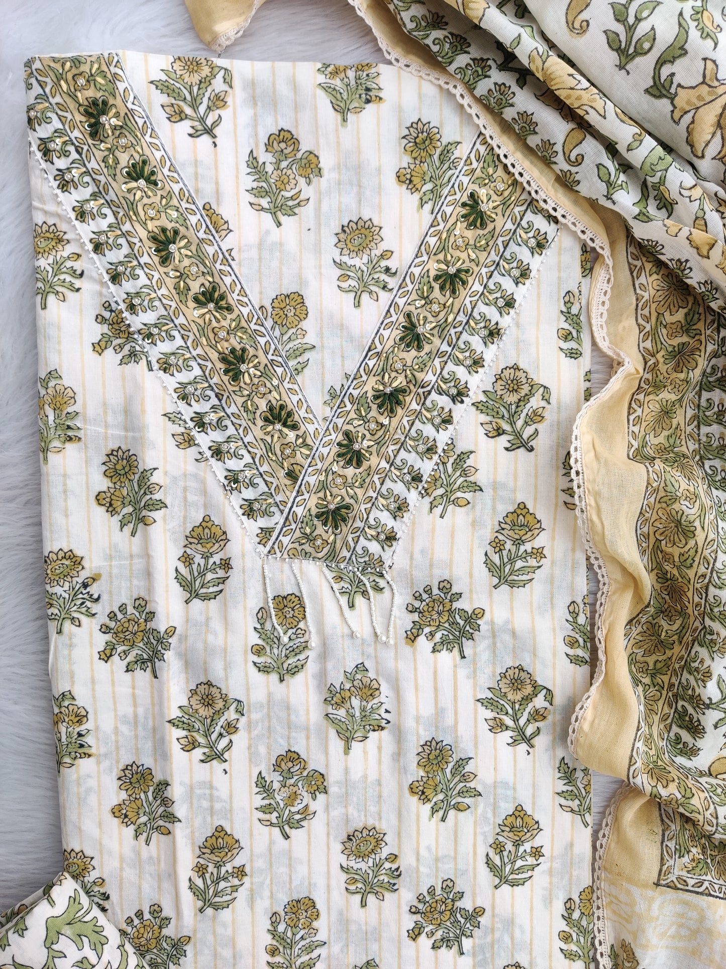 NEW LAUNCH Exclusive Unstitched Cotton Neck Work Suits with Mulmul Dupatta