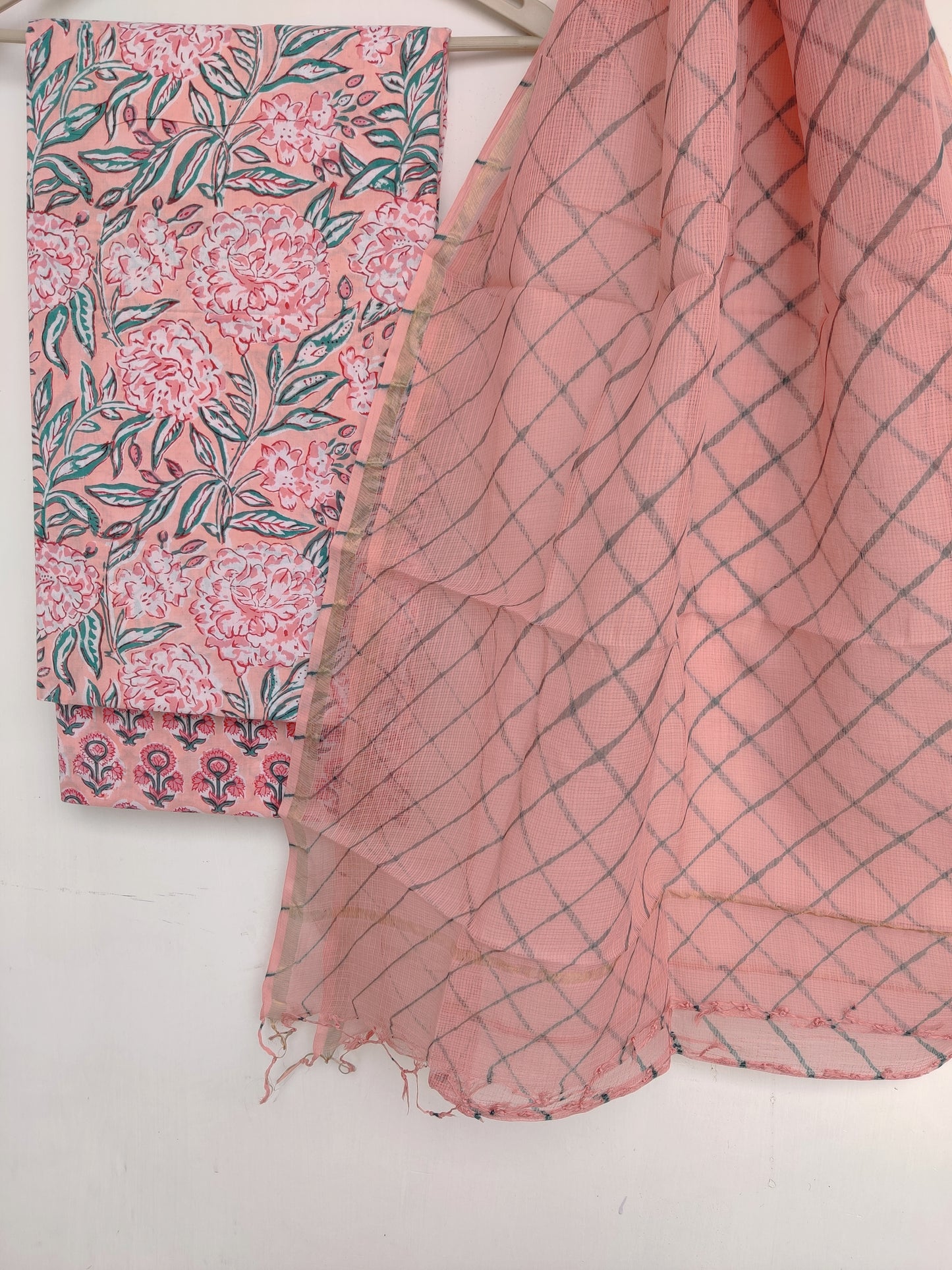 BLOCK PRINTED COTTON SUIT WITH LEHRIYA KOTA DORIA DUPATTA