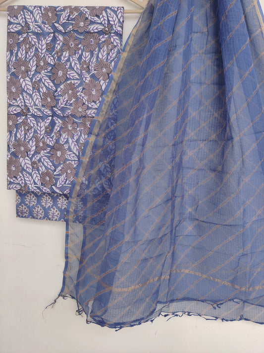 BLOCK PRINTED COTTON SUIT WITH LEHRIYA KOTA DORIA DUPATTA