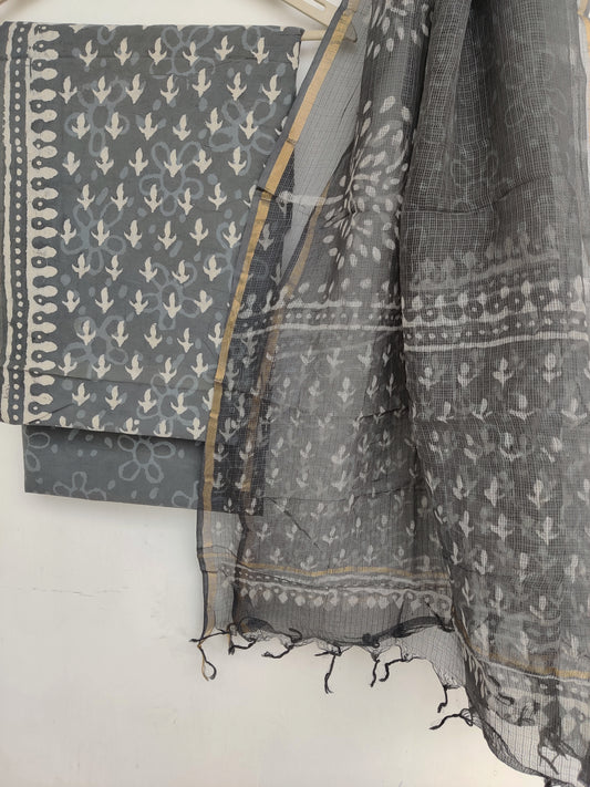 (DABU) Hand Block Printed Cotton Suit with Cotton Kota Doria dupatta
