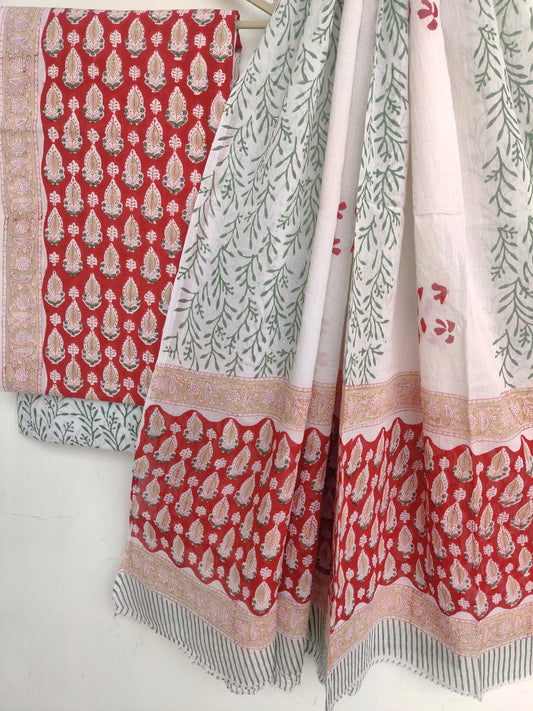 Hand Block Printed Cotton Suit With Mulmul Cotton Dupatta