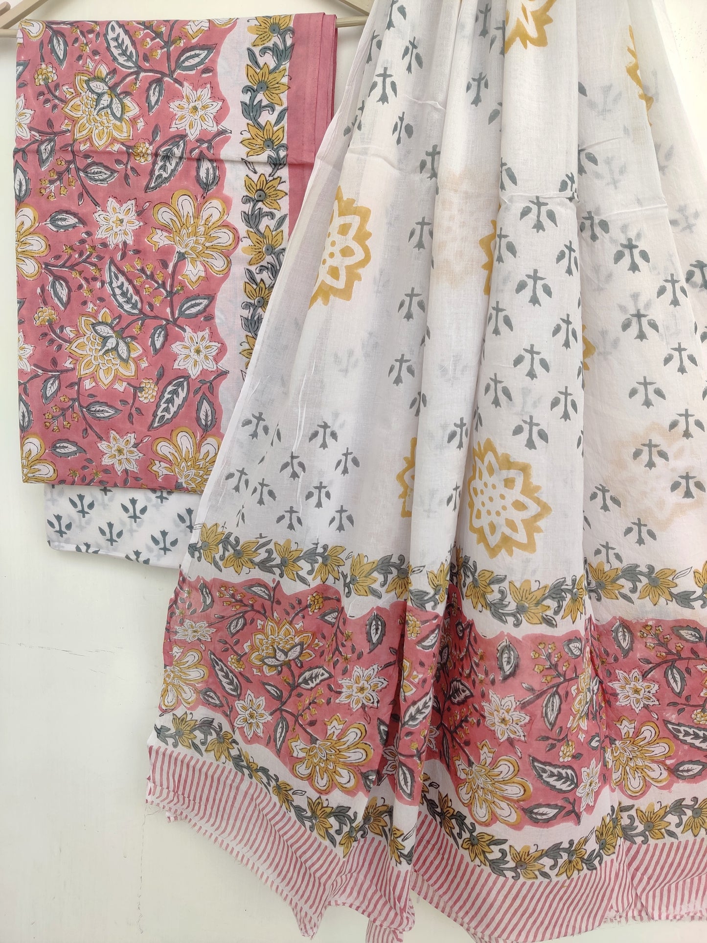 Hand Block Printed Cotton Suit With Mulmul Cotton Dupatta