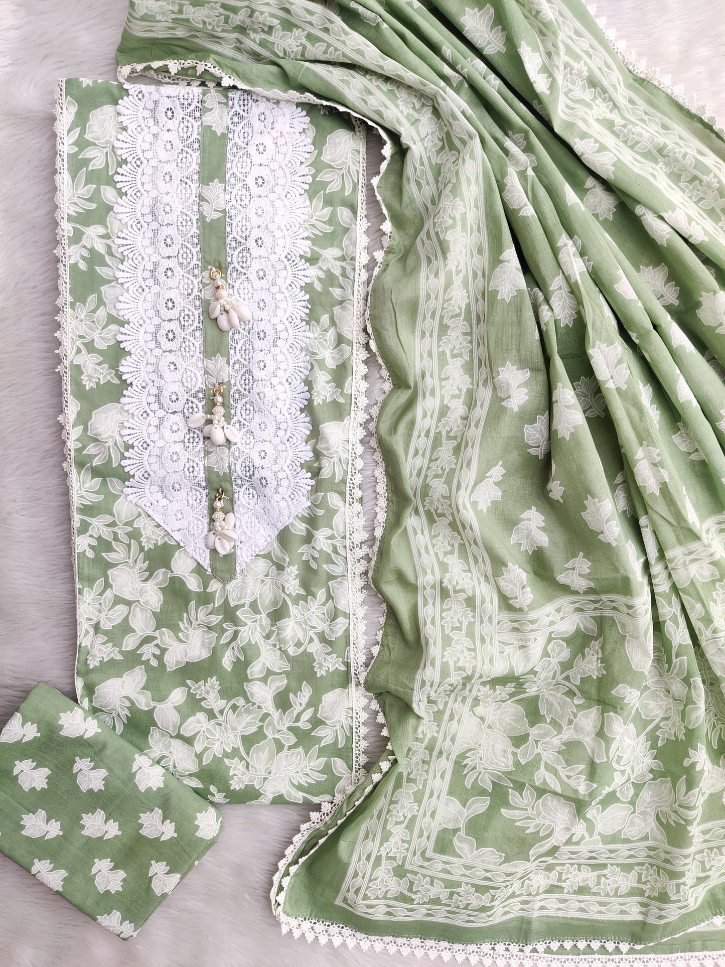 NEW LAUNCH Exclusive Unstitched Cotton Neck Work Suits with Mulmul Dupatta