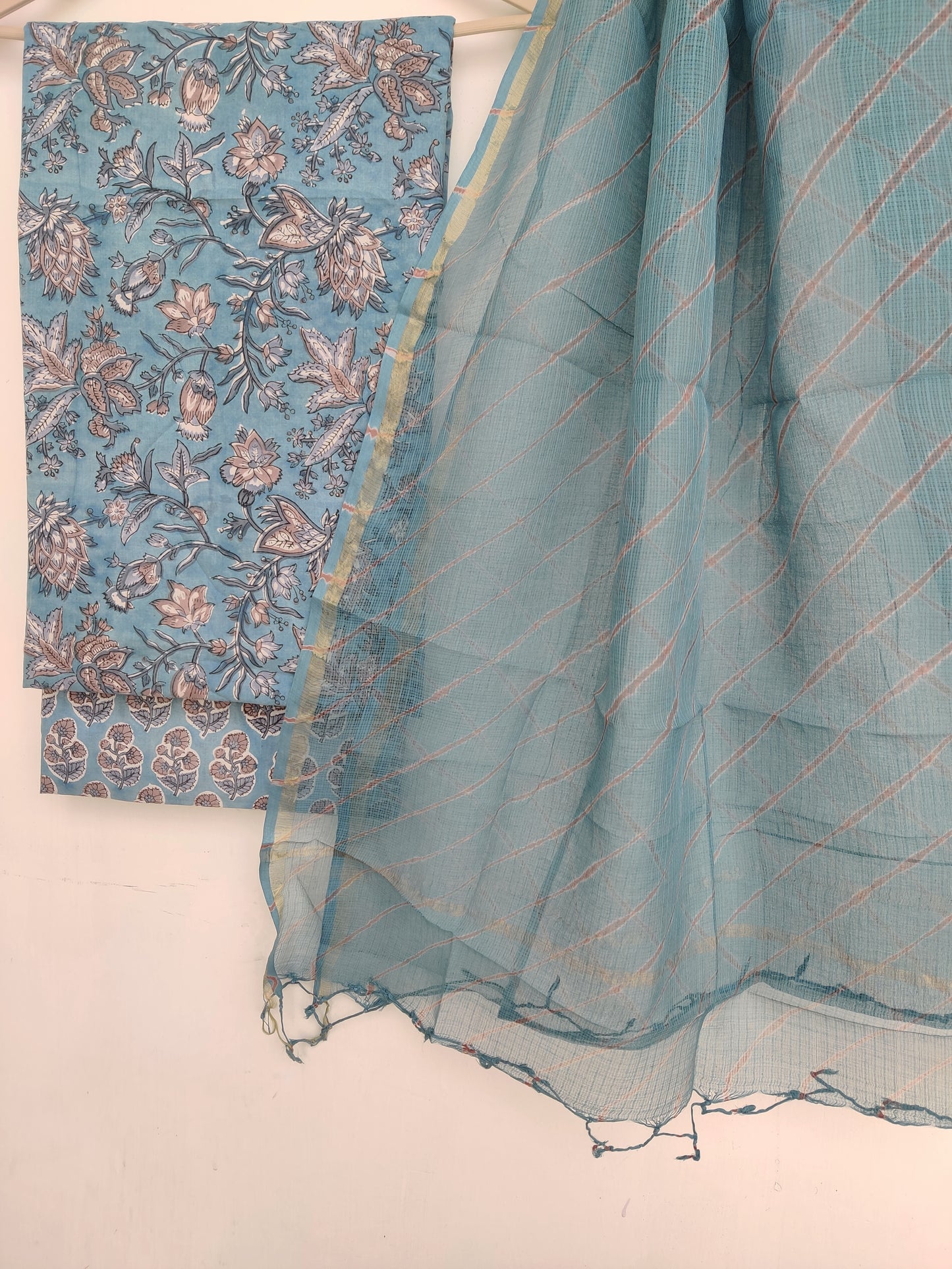 BLOCK PRINTED COTTON SUIT WITH LEHRIYA KOTA DORIA DUPATTA