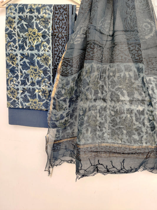 (VANASPATI) Block Printed Cotton Suit with Cotton Kota Doria dupattaa