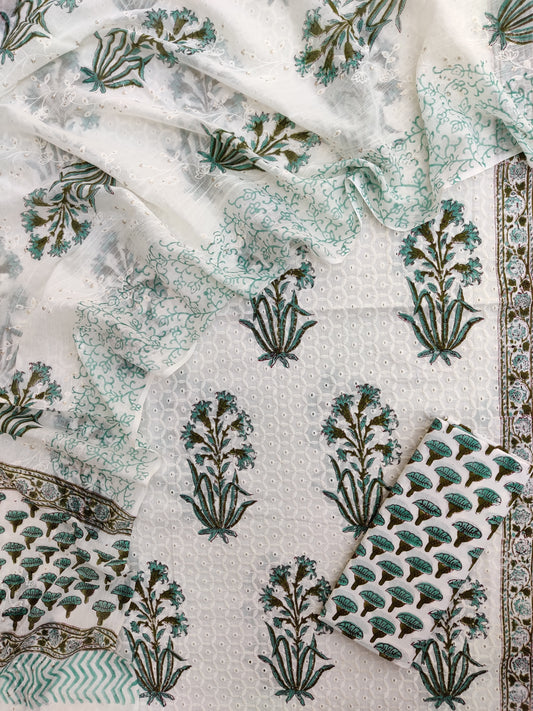 Hand Block Printed Cotton Schiffli Suit with Mulmul Embroidery Dupatta