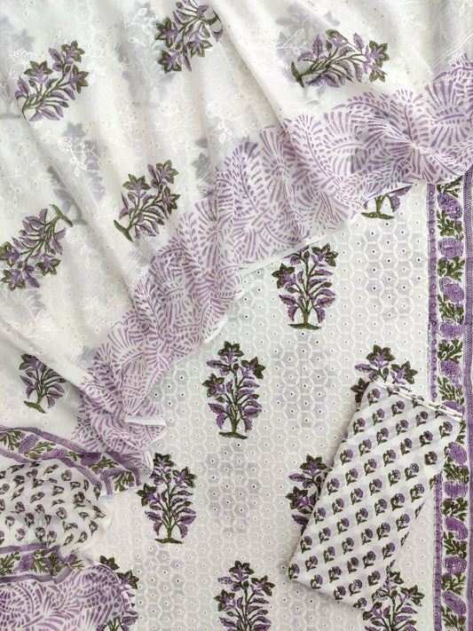 Hand Block Printed Cotton Schiffli Suit with Mulmul Embroidery Dupatta