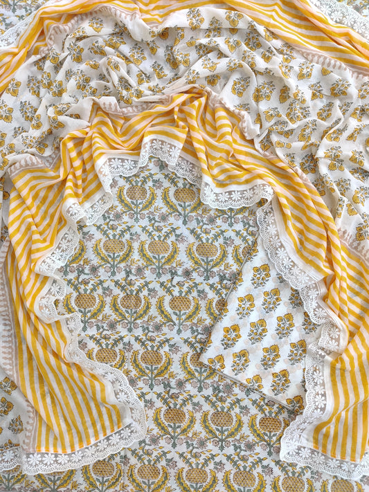Hand Block Printed Cotton Suit With Lace Work Mulmul Dupatta
