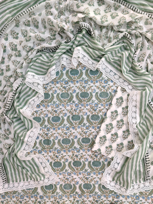 Hand Block Printed Cotton Suit With Lace Work Mulmul Dupatta