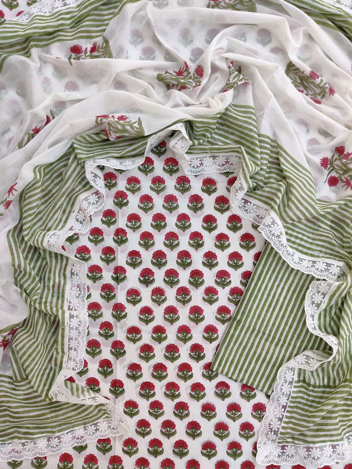 Hand Block Printed Cotton Suit With Lace Work Mulmul Dupatta