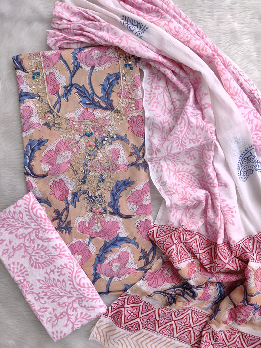 FLORAL PRINTED COTTON GOTA PATTI SUIT WITH COTTON DUPATTA