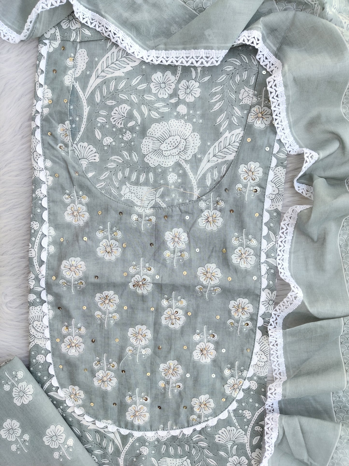 Exclusive Unstitched Cotton Neck Work Suits with Mulmul Dupatta