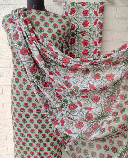 Hand Block Printed Cotton Suit With Mulmul Cotton Dupatta