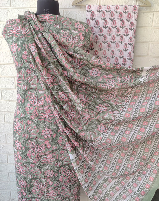 Hand Block Printed Cotton Suit With Mulmul Cotton Dupatta