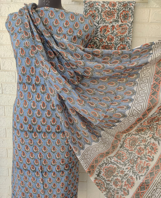 Hand Block Printed Cotton Suit With Mulmul Cotton Dupatta