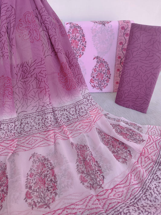HAND BLOCK PRINTED COTTON SUIT WITH PURE CHIFFON DUPATTA