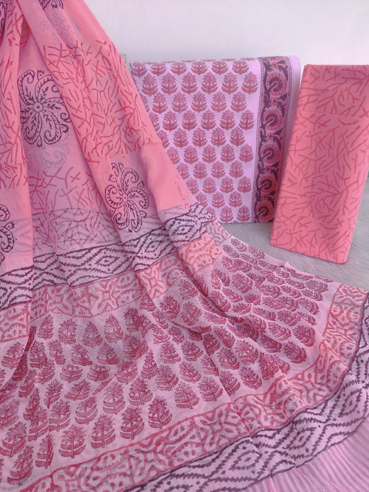 HAND BLOCK PRINTED COTTON SUIT WITH PURE CHIFFON DUPATTA