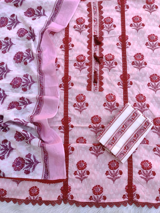 Exclusive Unstitched Cotton Neck Work Suits with Mulmul Dupatta