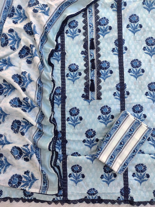 Exclusive Unstitched Cotton Neck Work Suits with Mulmul Dupatta