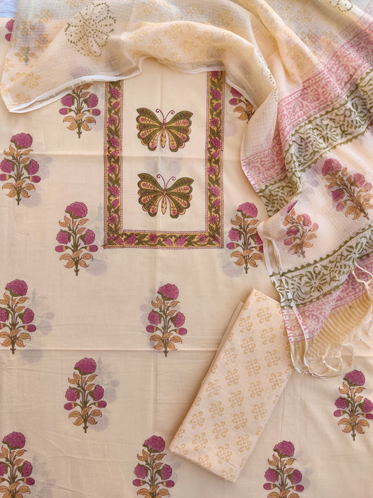 (BOOTA) Hand Block Printed Cotton Suit with Cotton Kota Doria dupatta