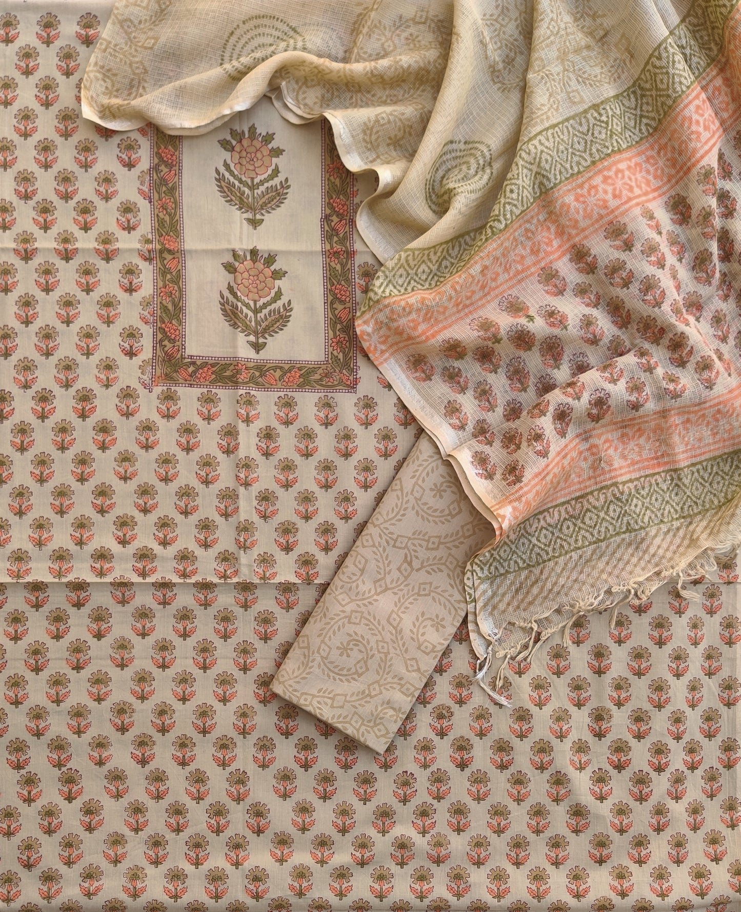 (BOOTA) Hand Block Printed Cotton Suit with Cotton Kota Doria dupatta