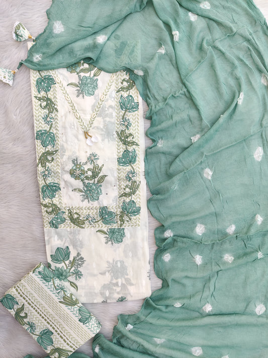NEW LAUNCH Exclusive Unstitched Cotton Neck Work Suits with Chiffon Dupatta