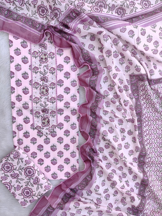 NEW LAUNCH Exclusive Unstitched Cotton Neck Work Suits with Mulmul Dupatta