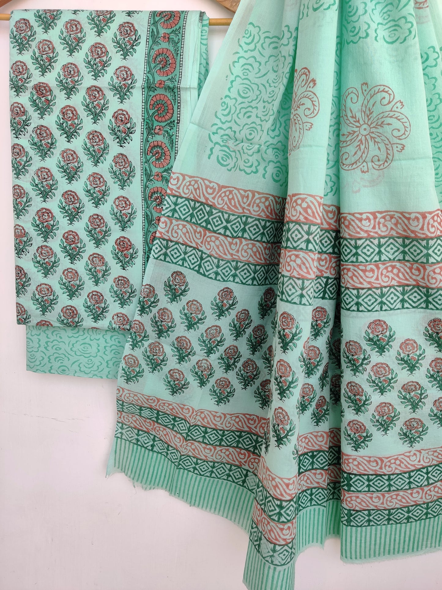 Hand Block Printed Cotton Suit With Mulmul Cotton Dupatta