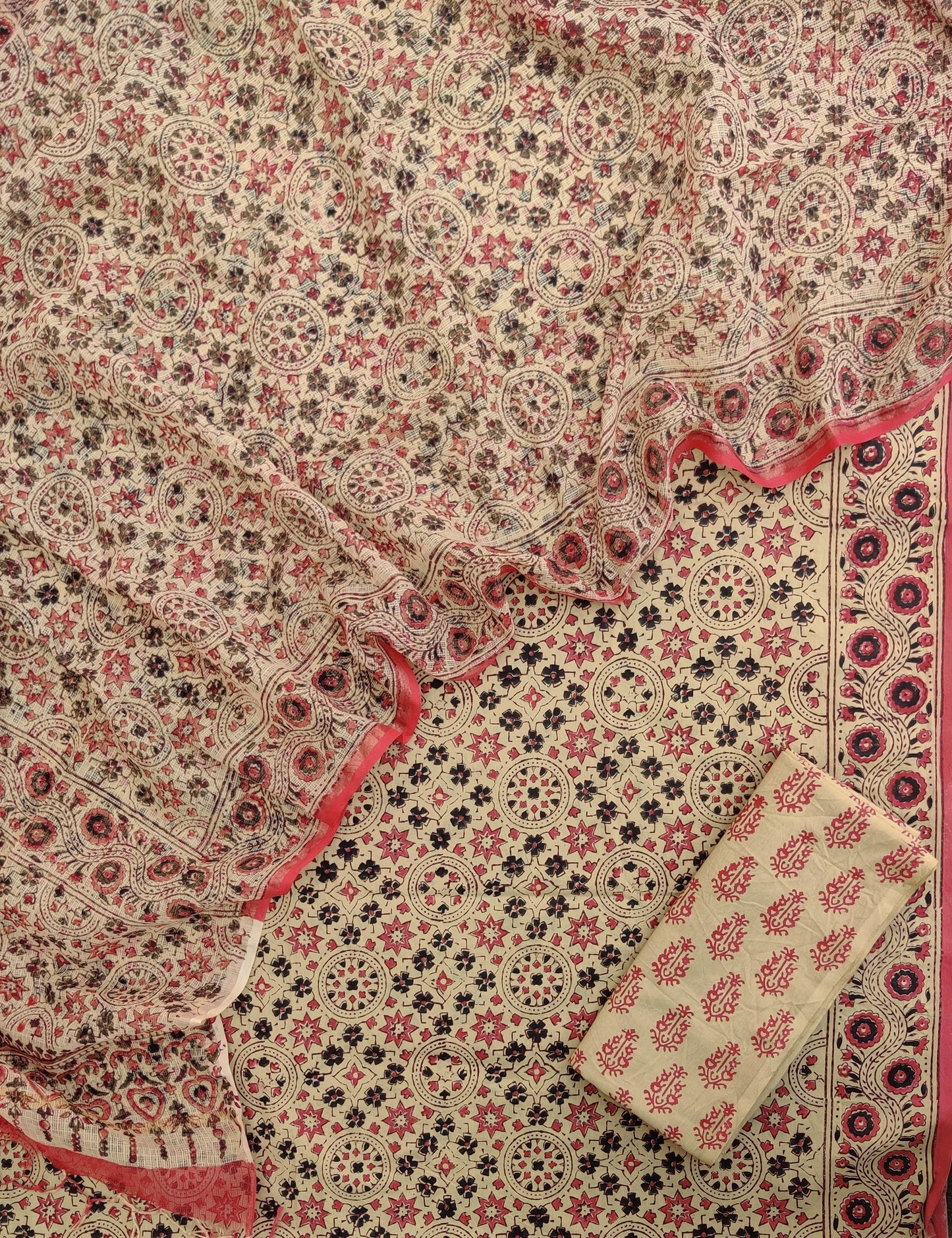 (AJRAKH) Hand Block Printed Cotton Suit with Cotton Kota Doria dupatta