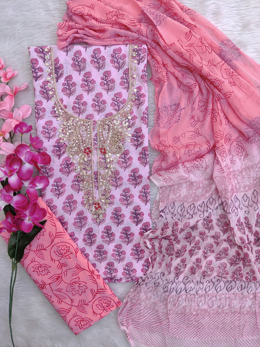 FLORAL PRINTED COTTON GOTA PATTI SUIT WITH CHIFFON DUPATTA