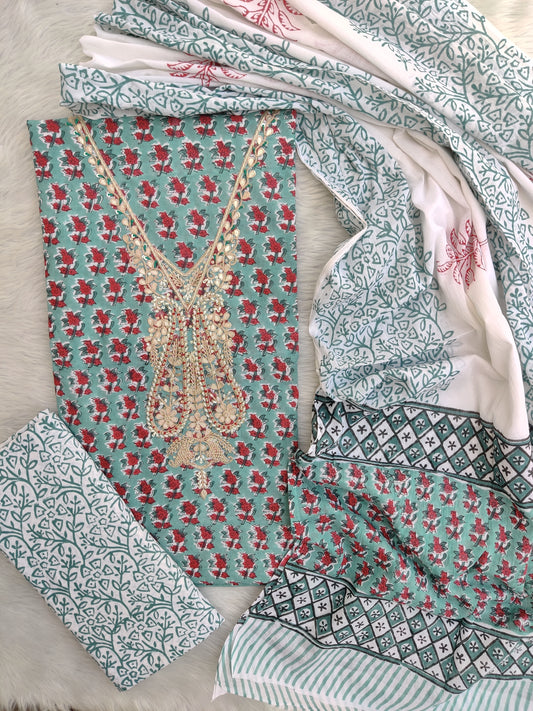 FLORAL PRINTED COTTON GOTA PATTI SUIT WITH COTTON DUPATTA