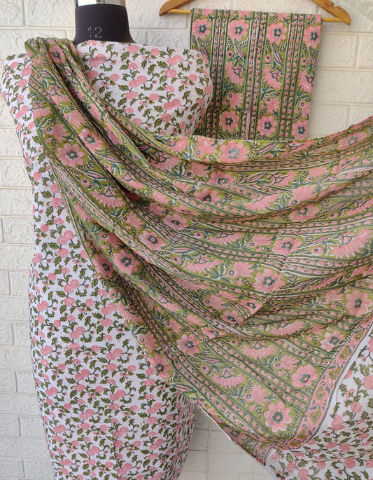 Hand Block Printed Cotton Suit With Mulmul Cotton Dupatta