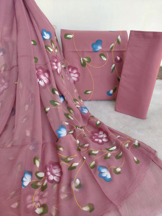 HAND PAINTED COTTON SUIT WITH PURE CHIFFON DUPATTA