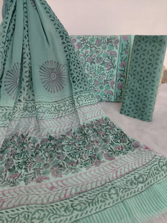 HAND BLOCK PRINTED COTTON SUIT WITH PURE CHIFFON DUPATTA