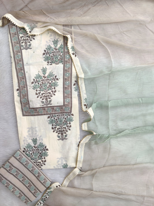 Exclusive Unstitched Cotton Neck Work Suits with Chiffon Dupatta
