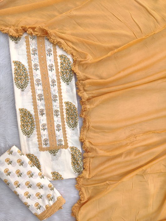 Exclusive Unstitched Cotton Neck Work Suits with Chiffon Dupatta