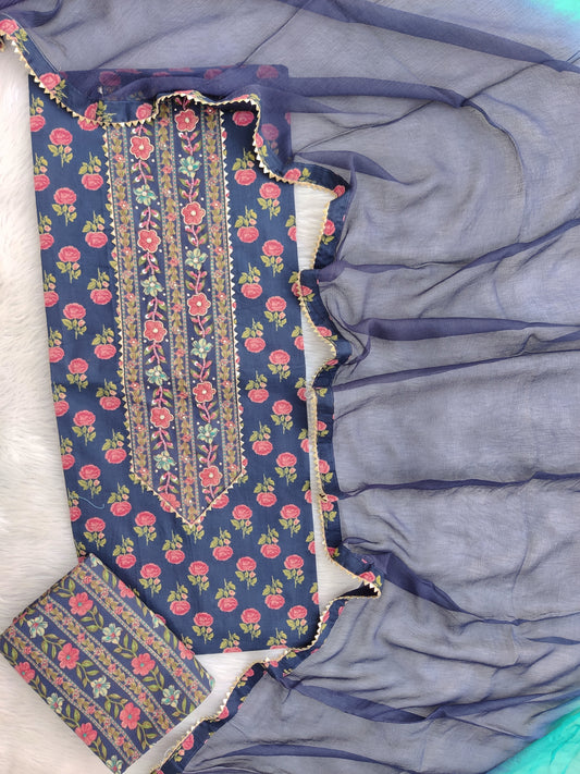 Exclusive Unstitched Cotton Neck Work Suits with Chiffon Dupatta