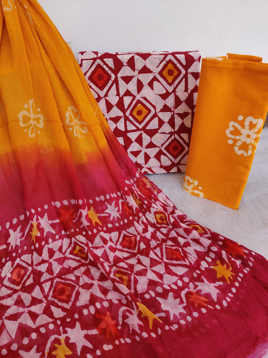 (BATIK) HAND BLOCK PRINTED COTTON SUIT WITH PURE CHIFFON DUPATTA