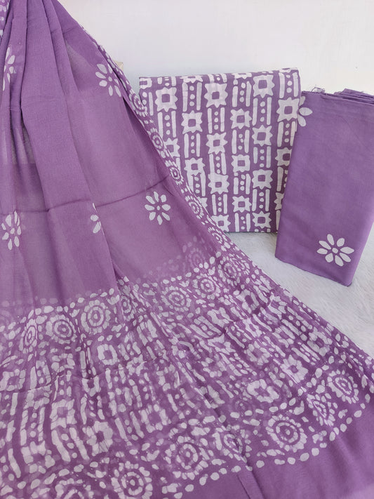 (BATIK) HAND BLOCK PRINTED COTTON SUIT WITH PURE CHIFFON DUPATTA